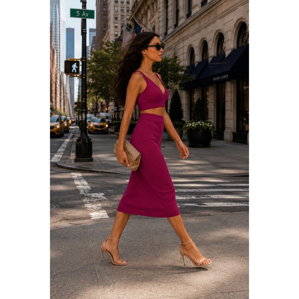 NWT House of Harlow Magenta Ribbed 2 Piece Midi Skirt Set Large - Picture 2 of 4